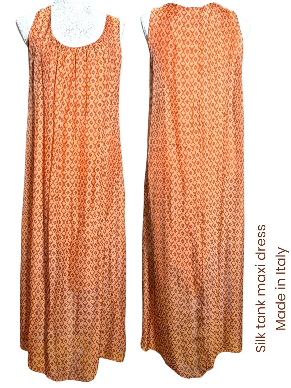 Silk Tank Maxi Dress - Orange Geometric Print - Made In Italy XS